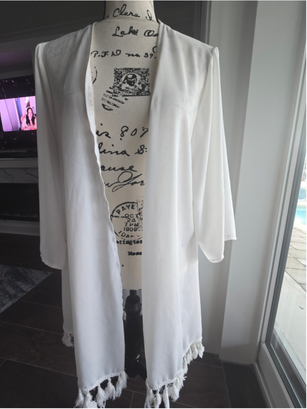Pinkmstyle White Sheer Pom Pom Cover Up Size L